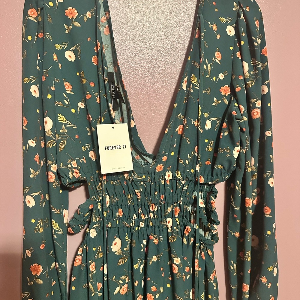 Forever 21 Floral Teal Long Sleeve Dress